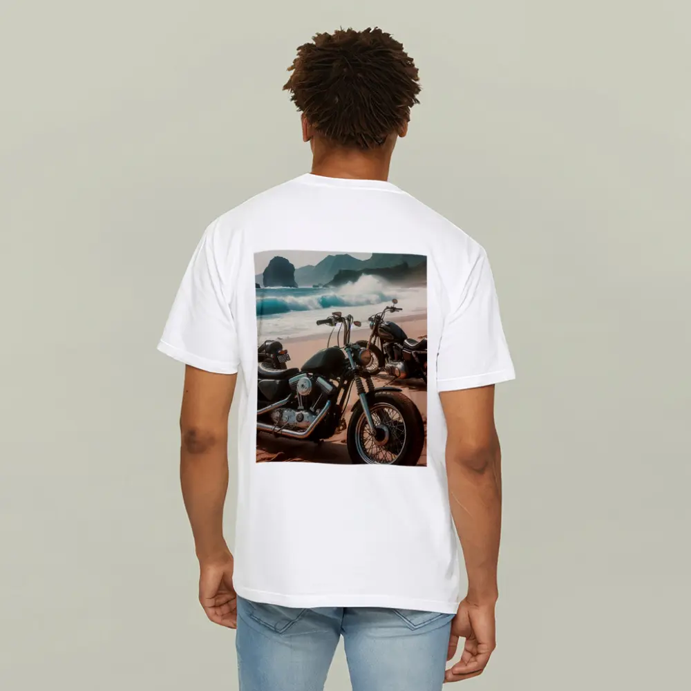 Harley Davidson Choppers Parked Sandy Beach – T-Shirts