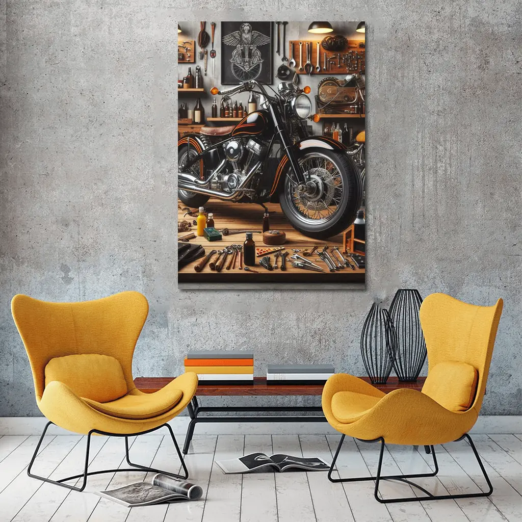 Black Chopper Motorcycle in Vintage Garage – Wall Art