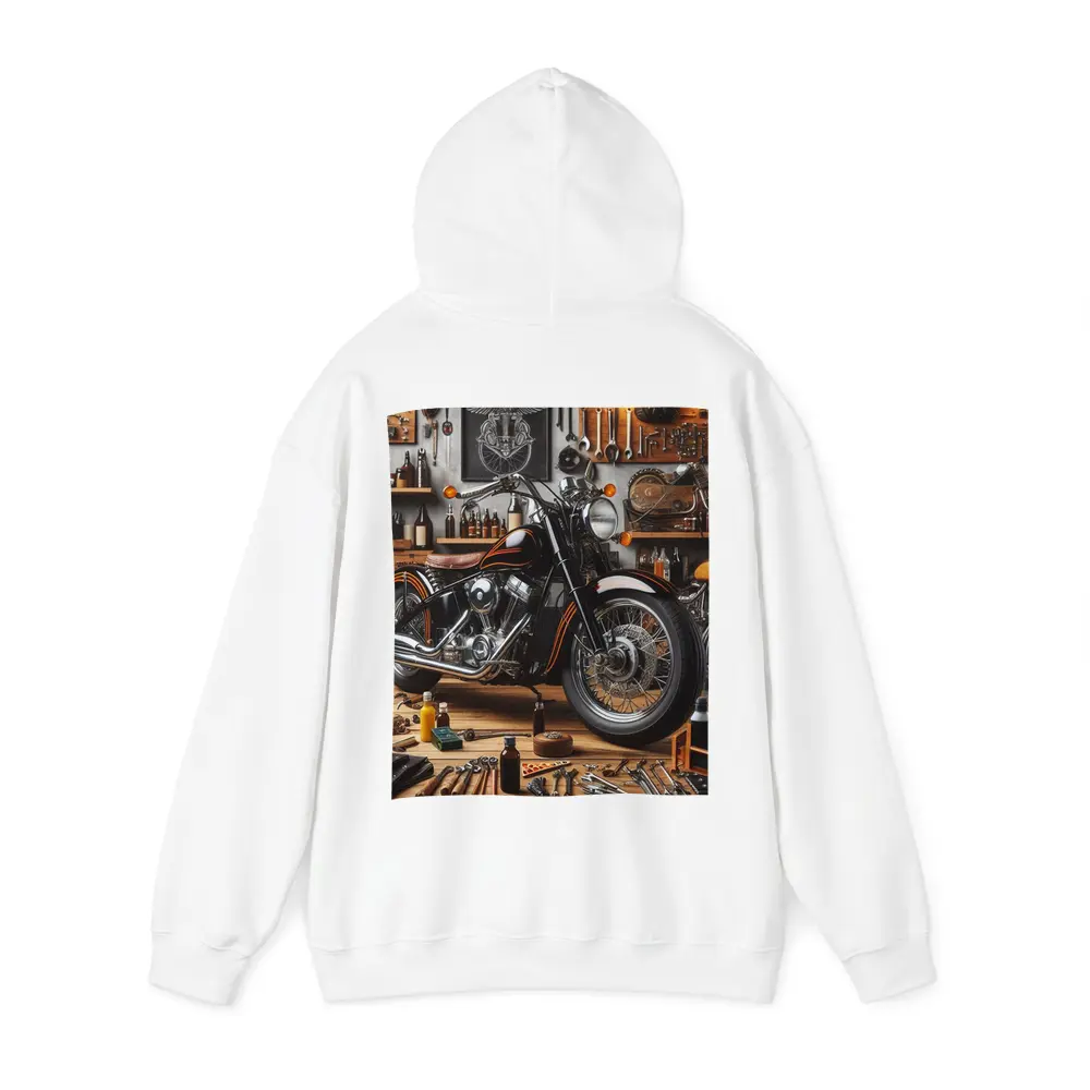Black Chopper Motorcycle in Vintage Garage – Hoodies