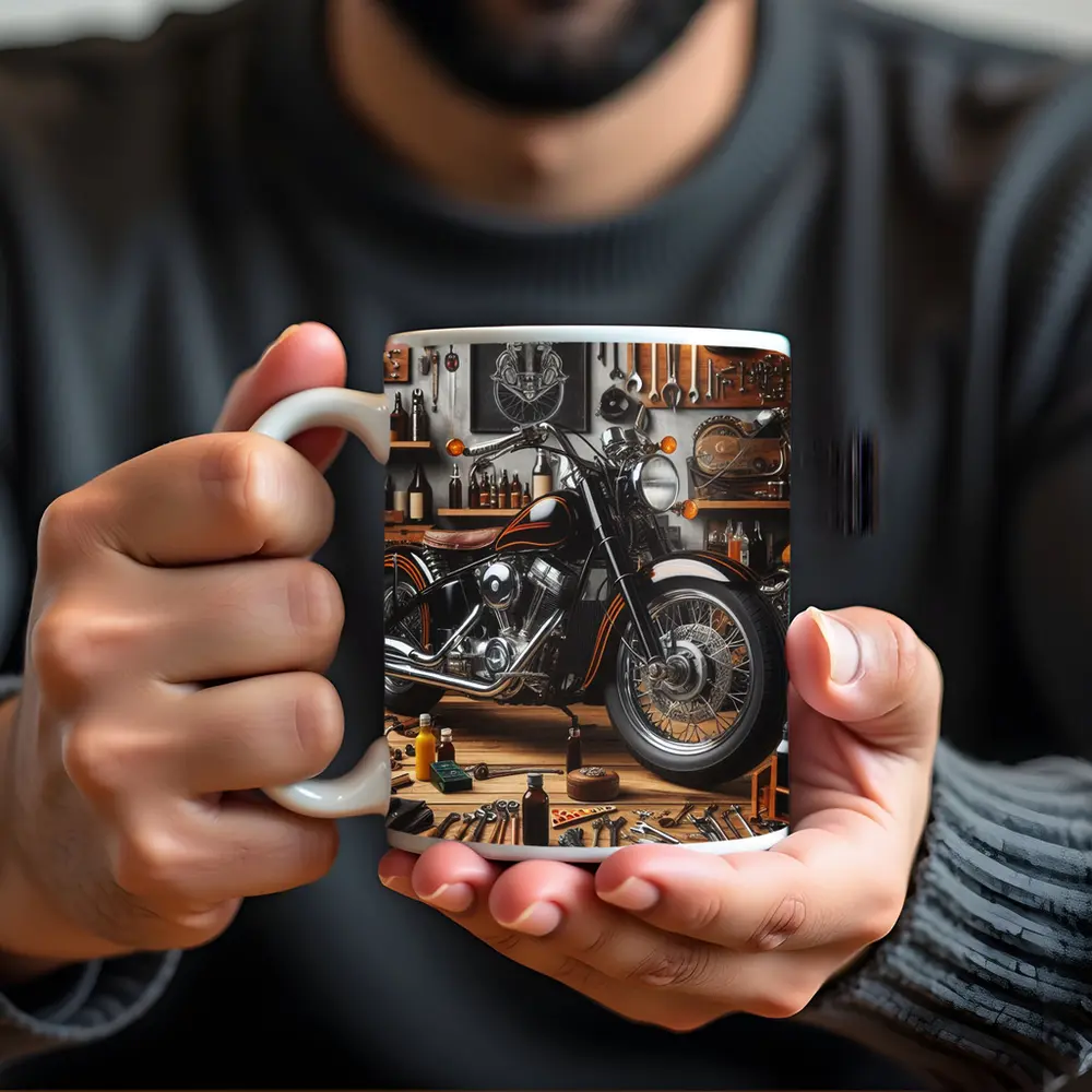 Black Chopper Motorcycle in Vintage Garage – Mugs