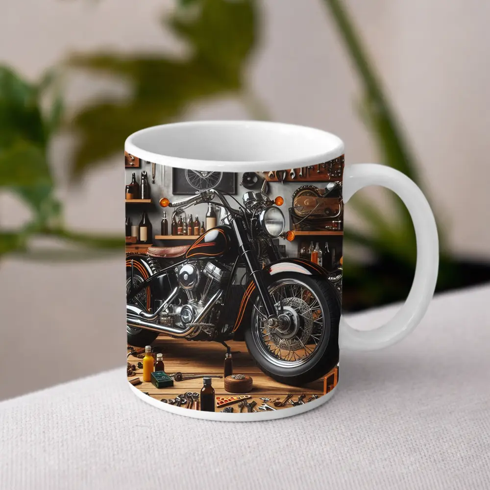 Black Chopper Motorcycle in Vintage Garage – Mugs