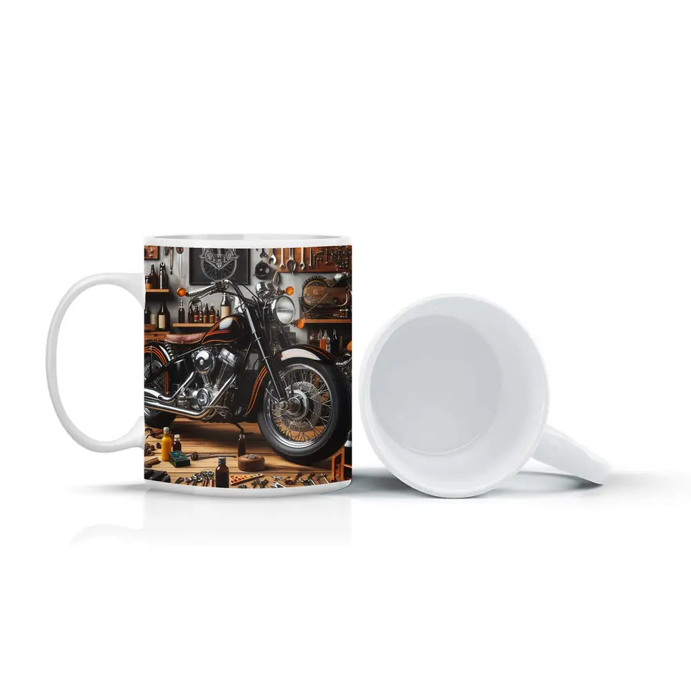 Black Chopper Motorcycle in Vintage Garage – Mugs