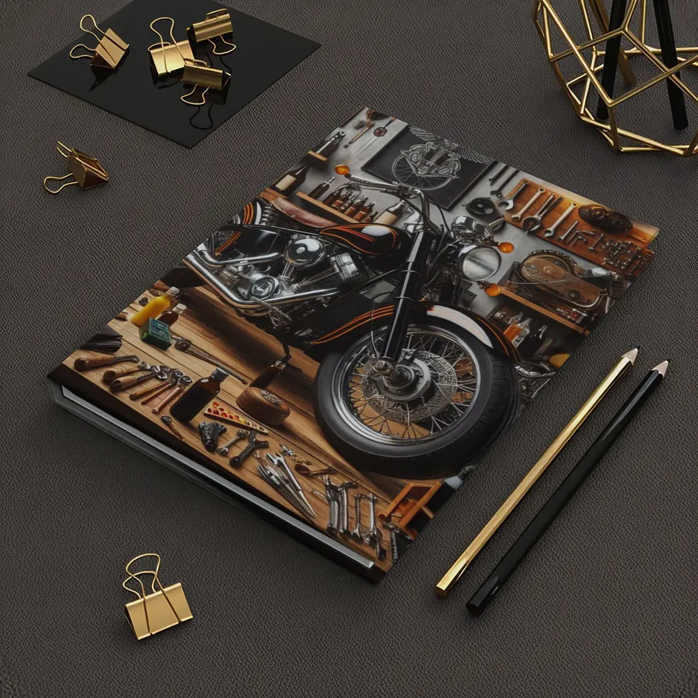 Black Chopper Motorcycle in Vintage Garage – Notebooks