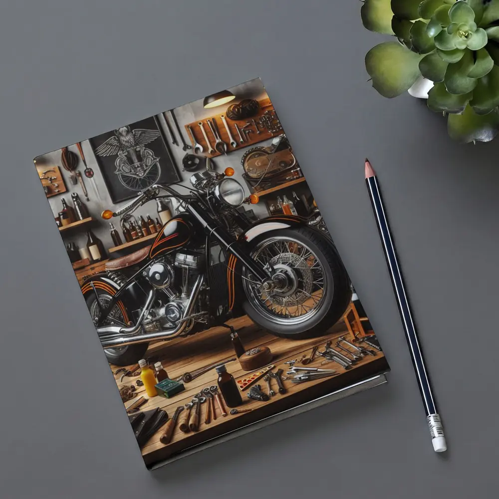 Black Chopper Motorcycle in Vintage Garage – Notebooks
