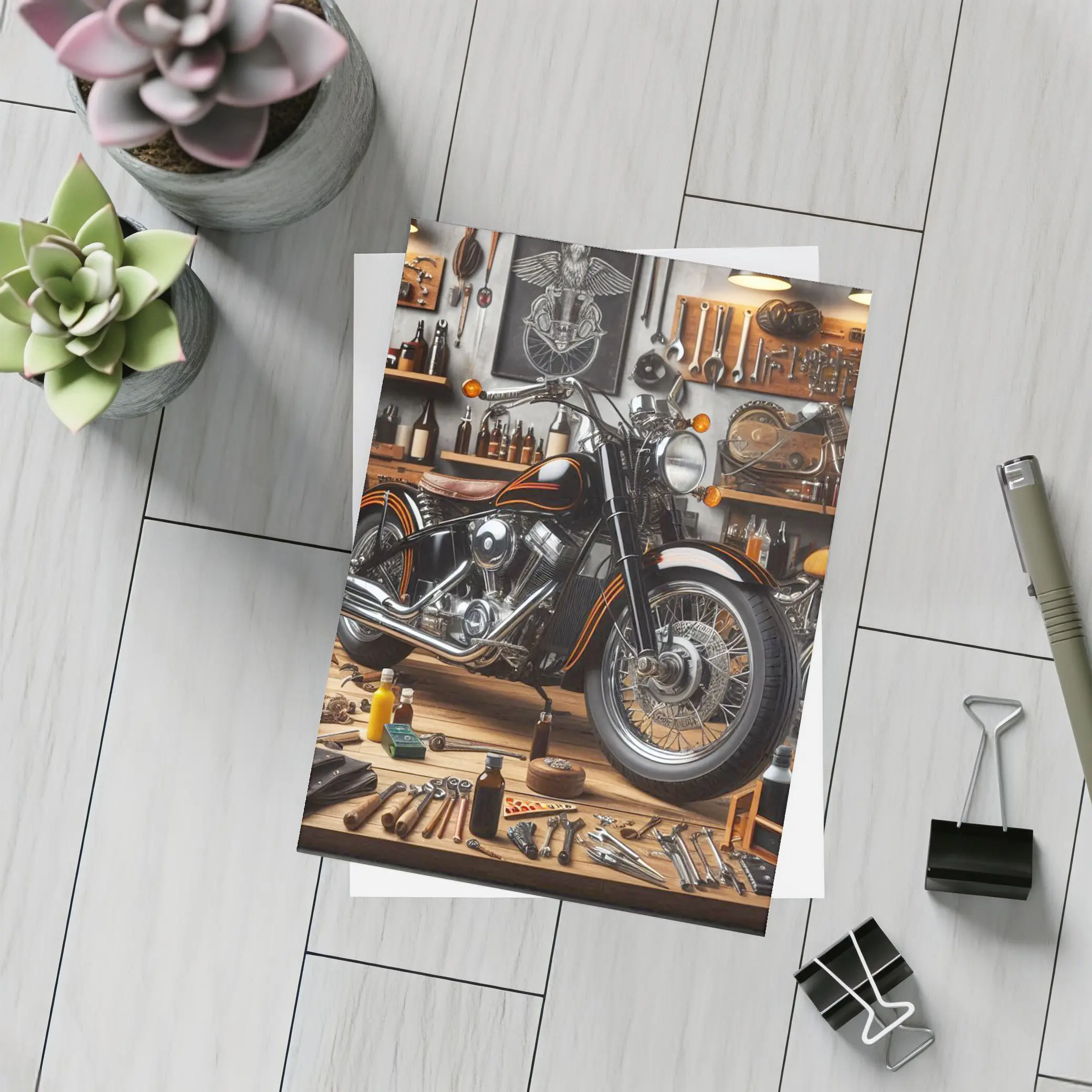 Black Chopper Motorcycle in Vintage Garage – Postcards