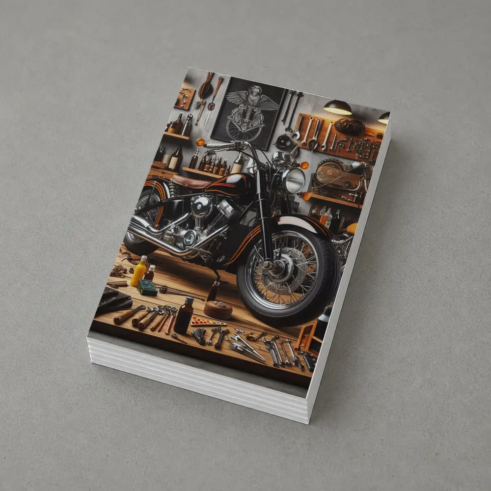 Black Chopper Motorcycle in Vintage Garage – Postcards