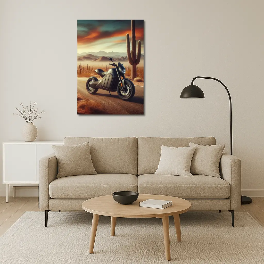 Electric Motorcycle Parked Desert Road Sunset – Wall Art