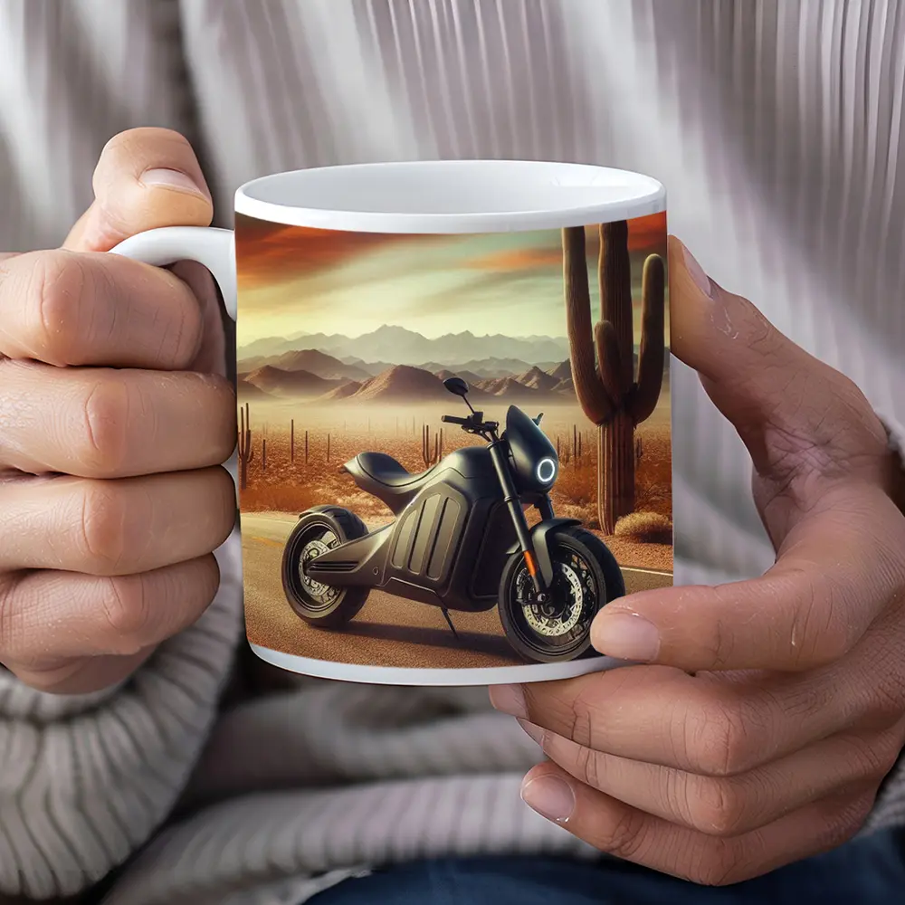 Electric Motorcycle Parked Desert Road Sunset – Mugs