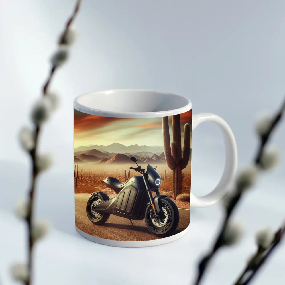 Electric Motorcycle Parked Desert Road Sunset – Mugs