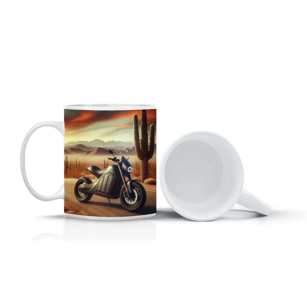 Electric Motorcycle Parked Desert Road Sunset – Mugs