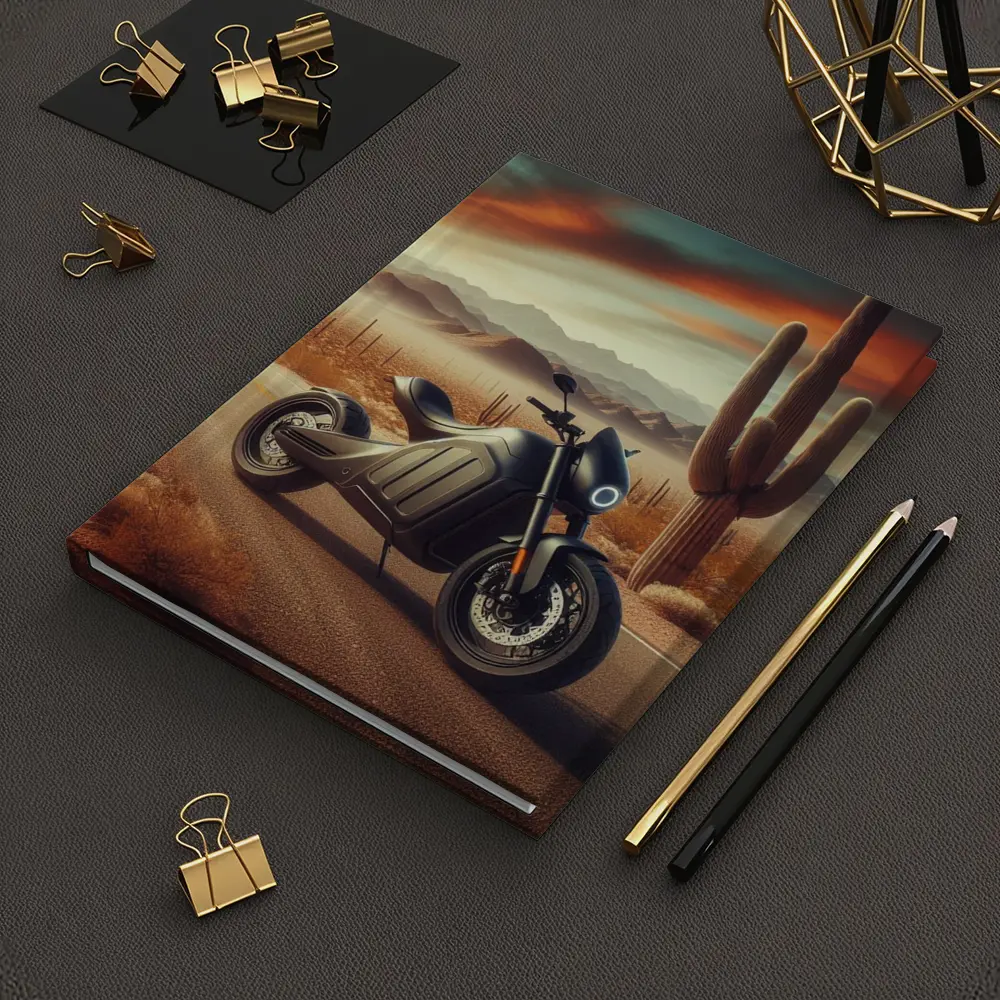 Electric Motorcycle Parked Desert Road Sunset – Notebooks