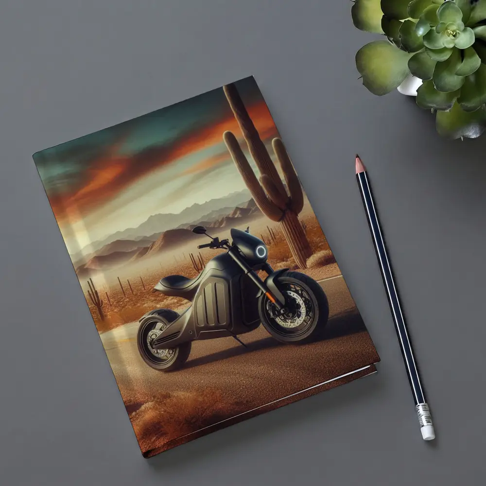 Electric Motorcycle Parked Desert Road Sunset – Notebooks