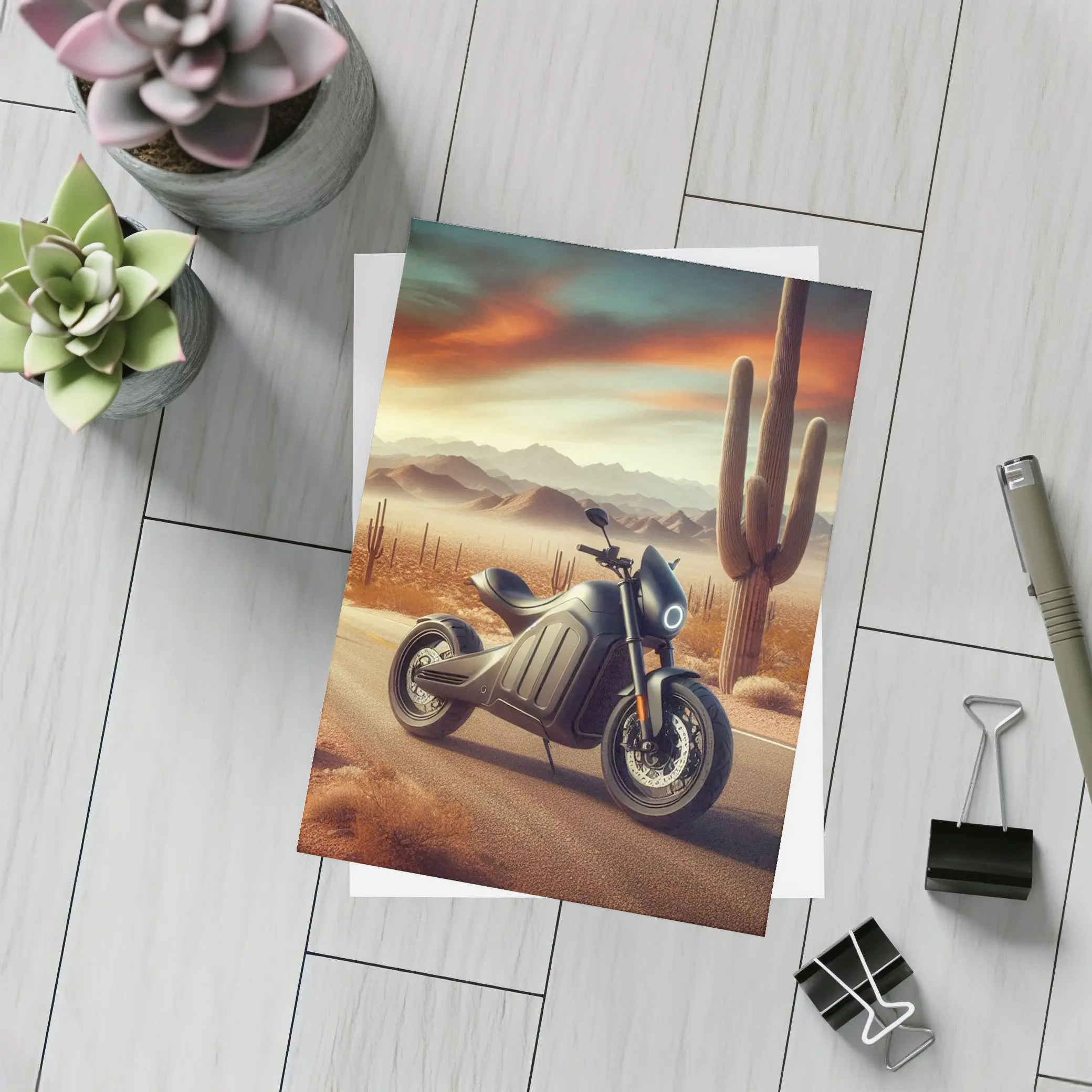 Electric Motorcycle Parked Desert Road Sunset – Postcards