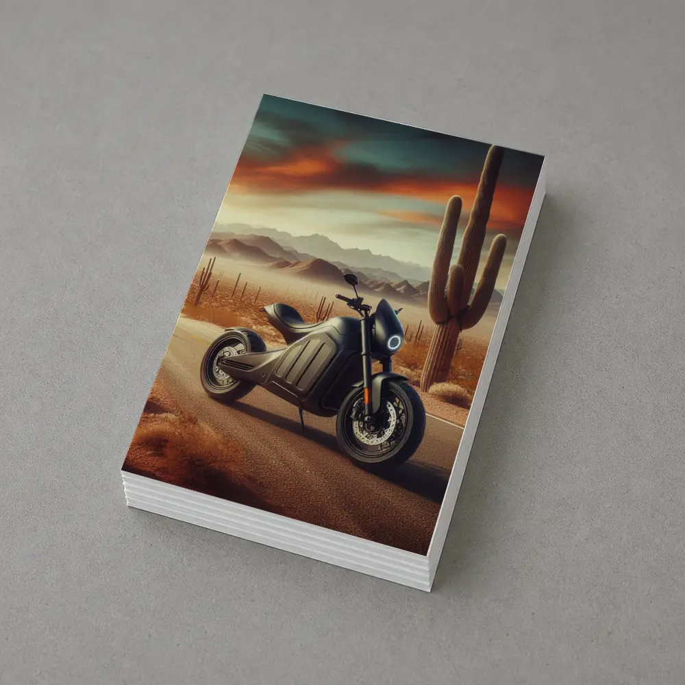 Electric Motorcycle Parked Desert Road Sunset – Postcards