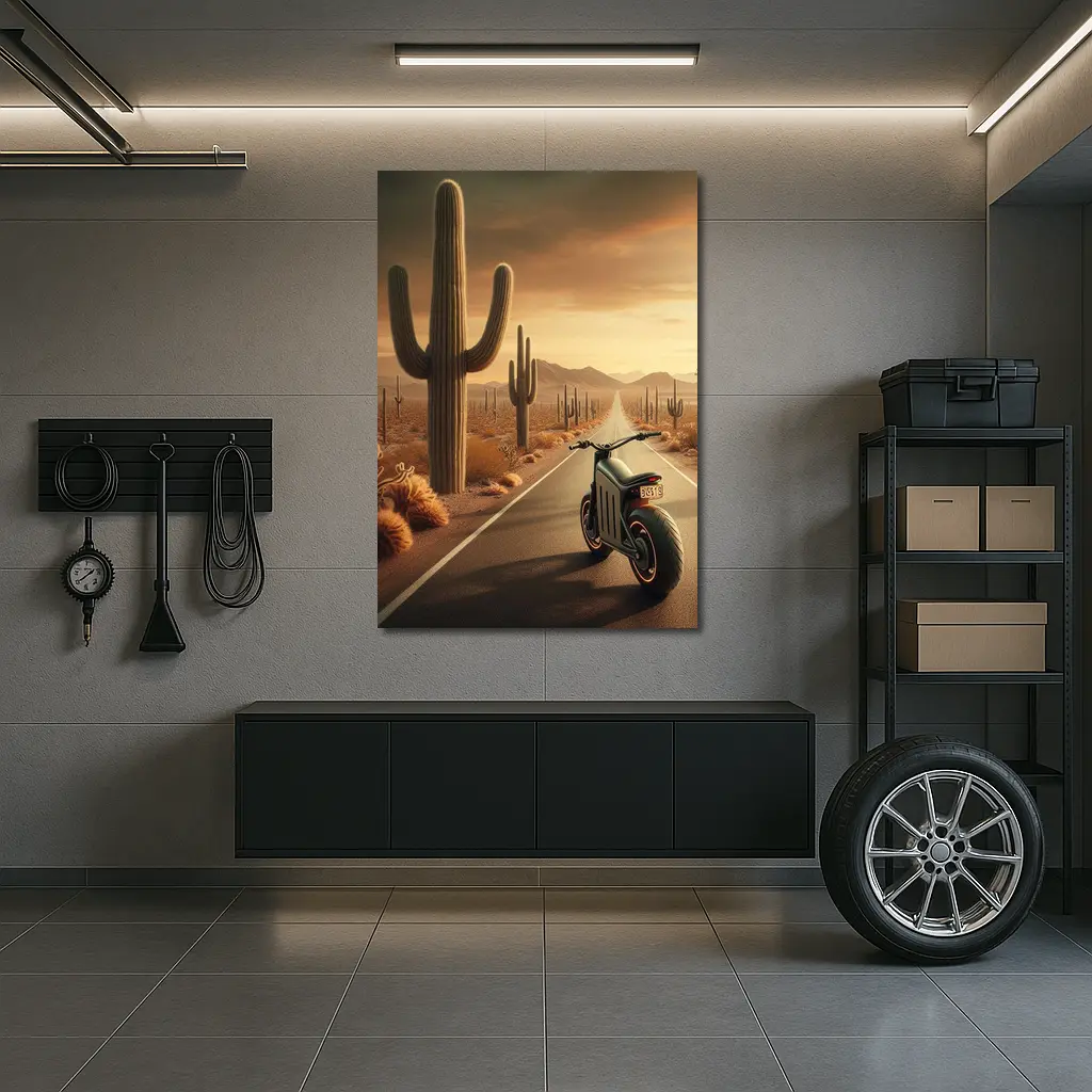 Electric Scooter Desert Road Cactus Sunset – Wall Art