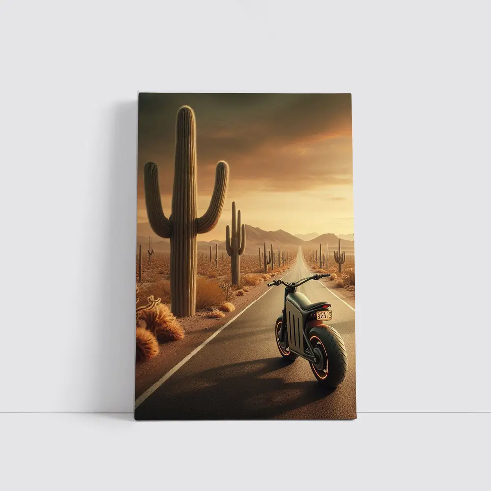 Electric Scooter Desert Road Cactus Sunset – Wall Art
