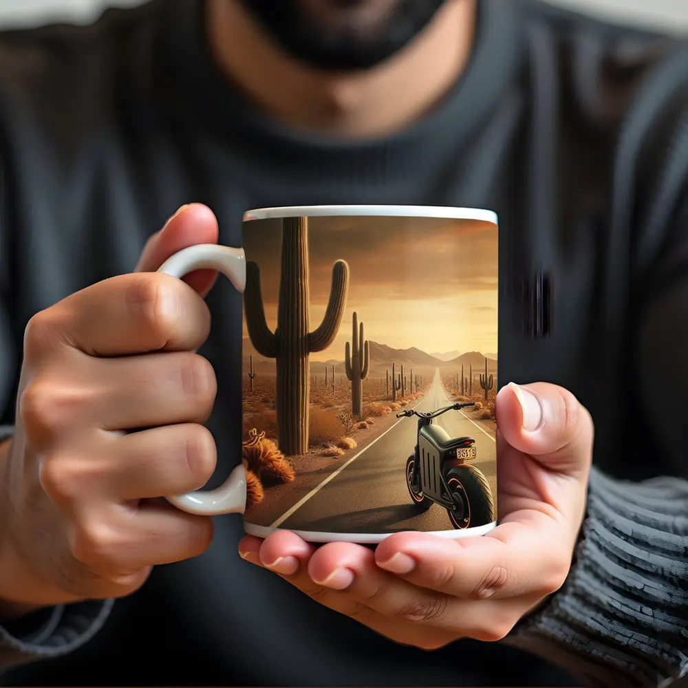 Electric Scooter Desert Road Cactus Sunset – Mugs