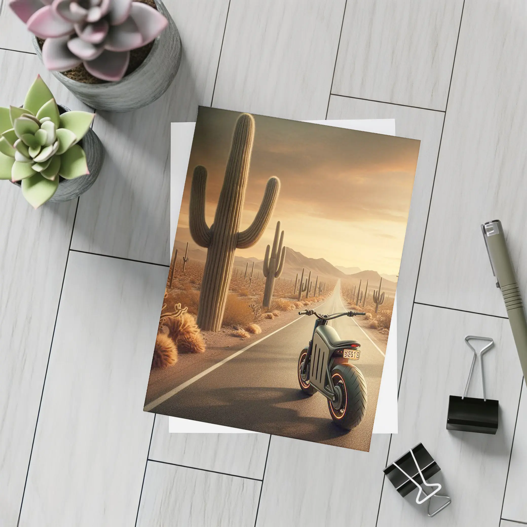Electric Scooter Desert Road Cactus Sunset – Postcards