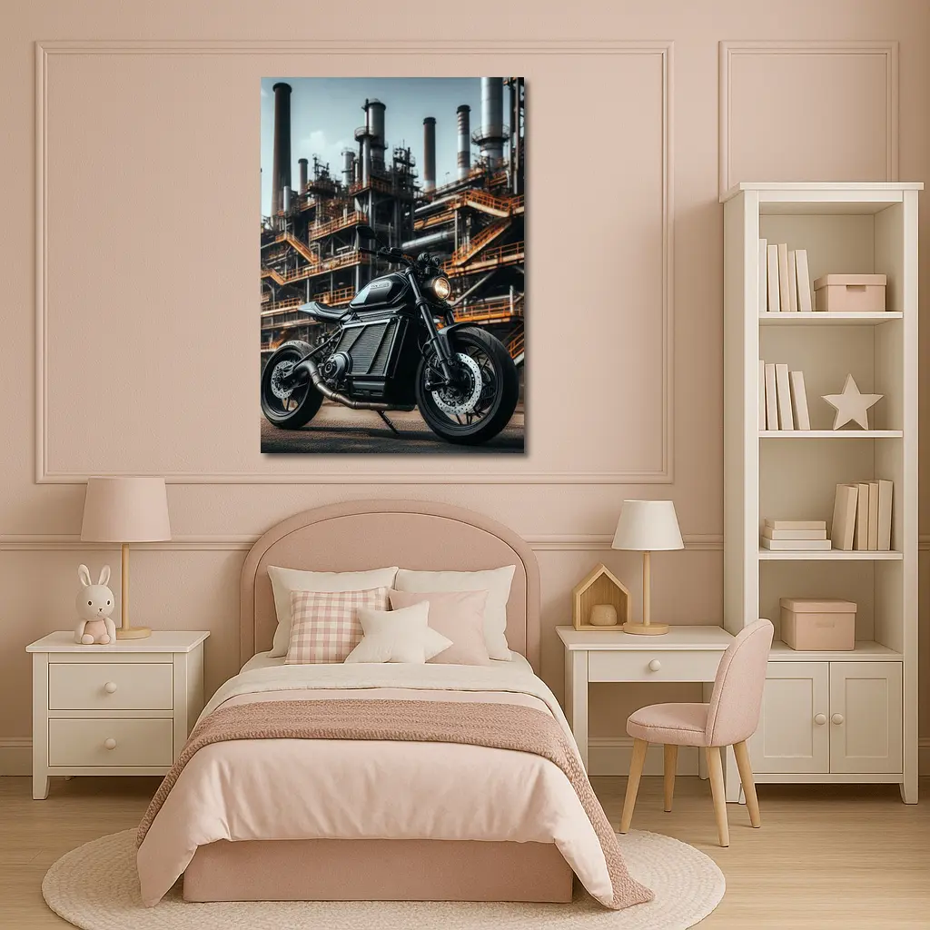 Black Electric Motorcycle Industrial Factory Background – Wall Art