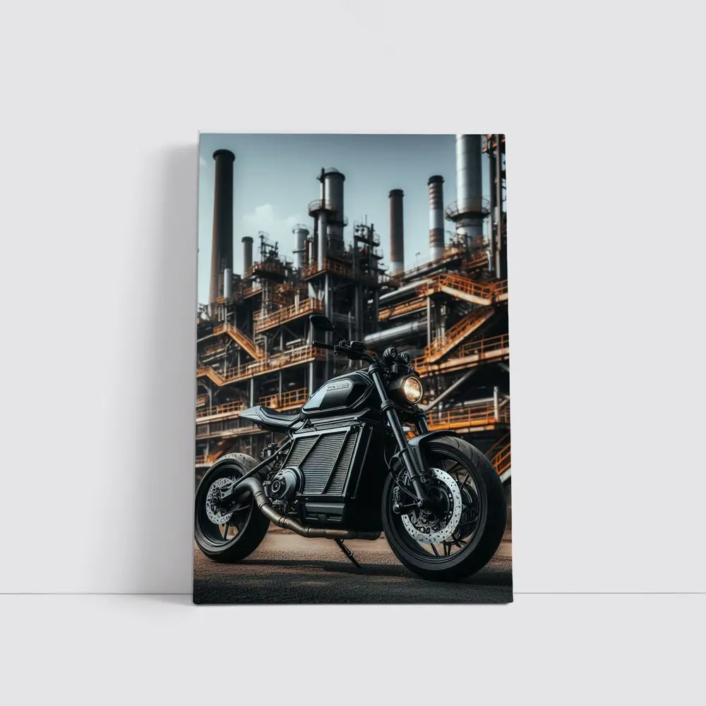 Black Electric Motorcycle Industrial Factory Background – Wall Art