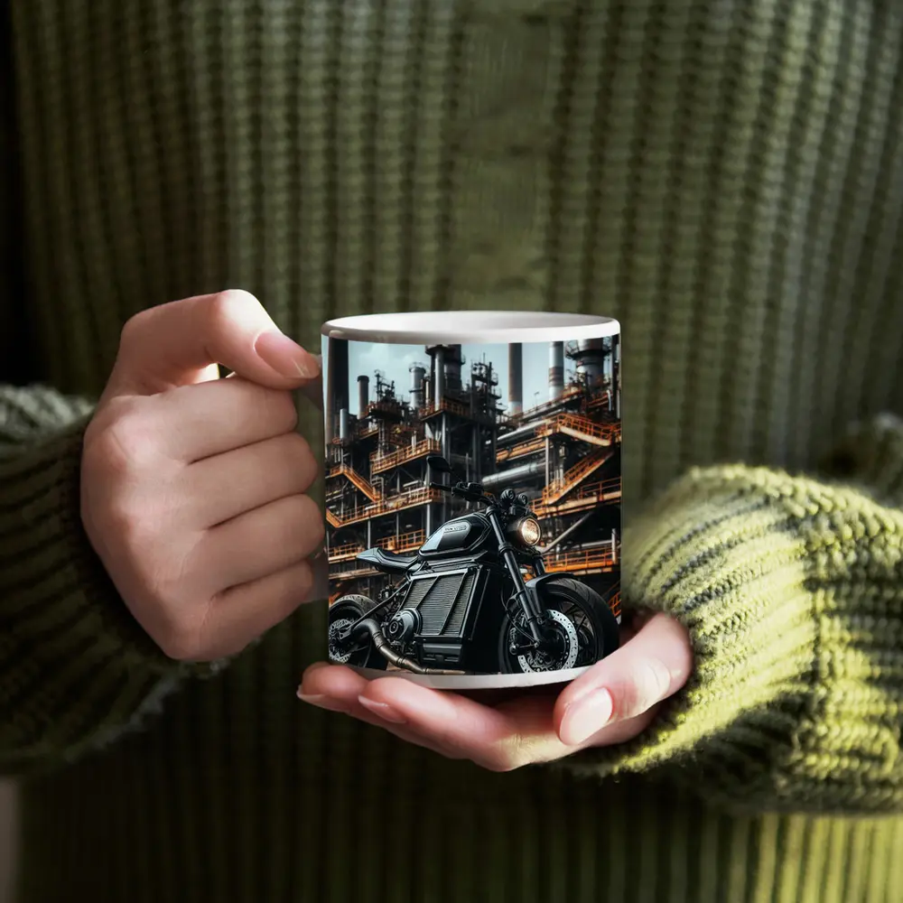 Black Electric Motorcycle Industrial Factory Background – Mugs