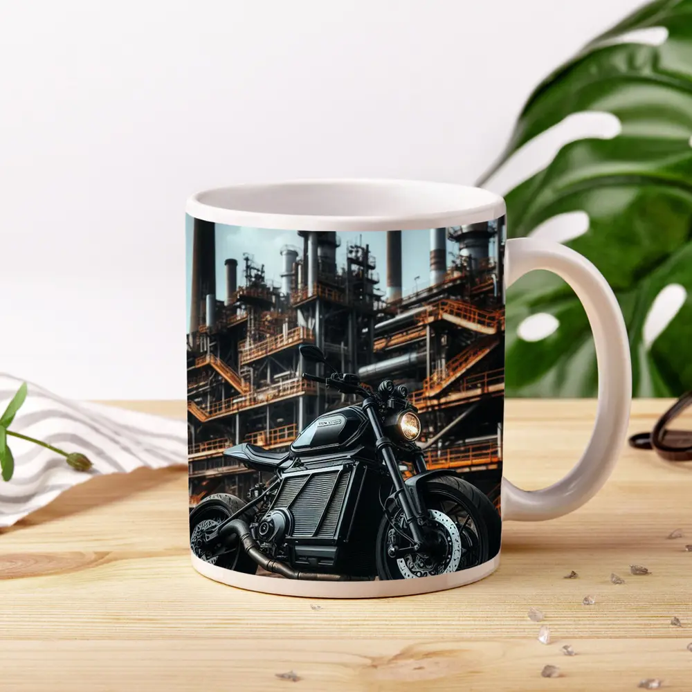 Black Electric Motorcycle Industrial Factory Background – Mugs