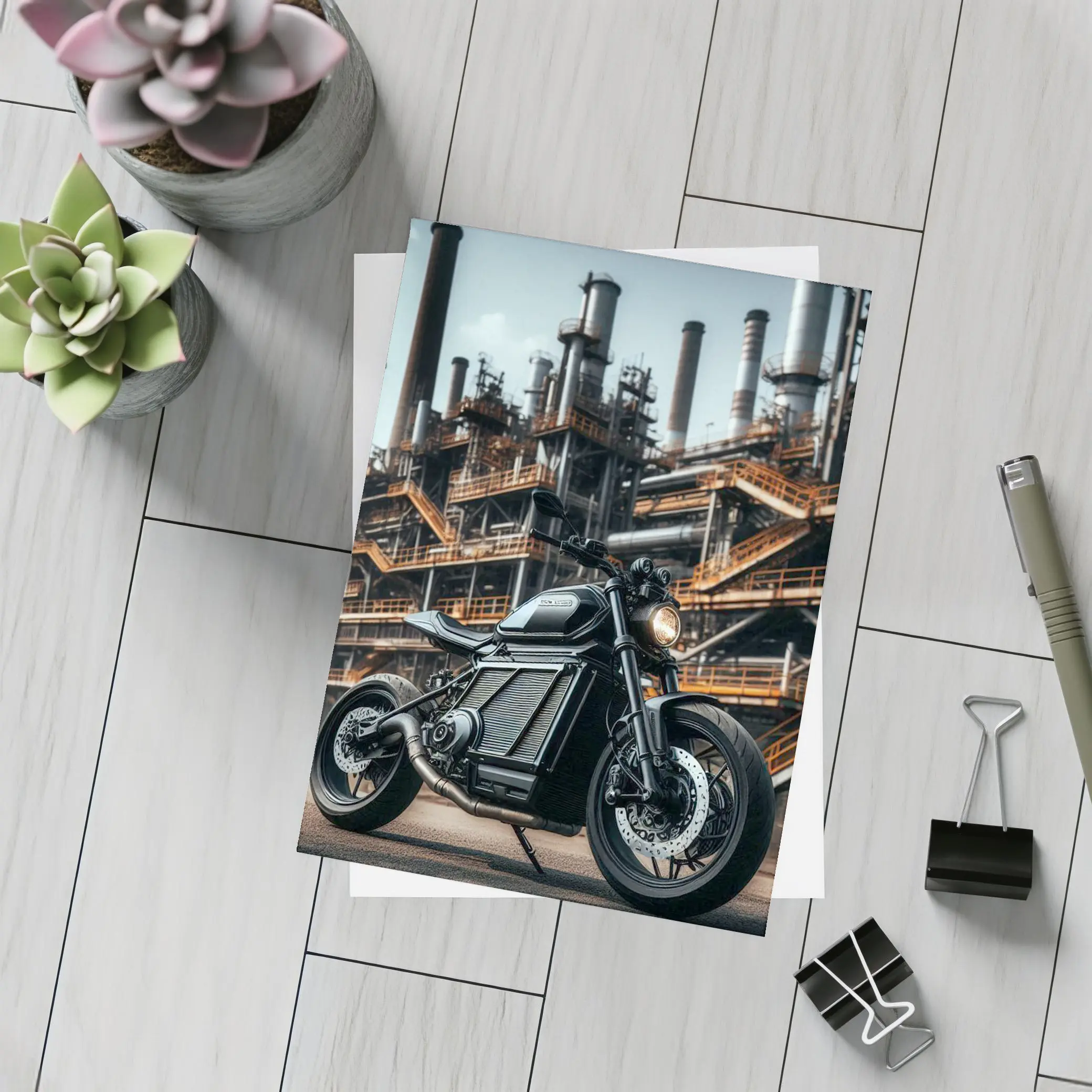 Black Electric Motorcycle Industrial Factory Background – Postcards