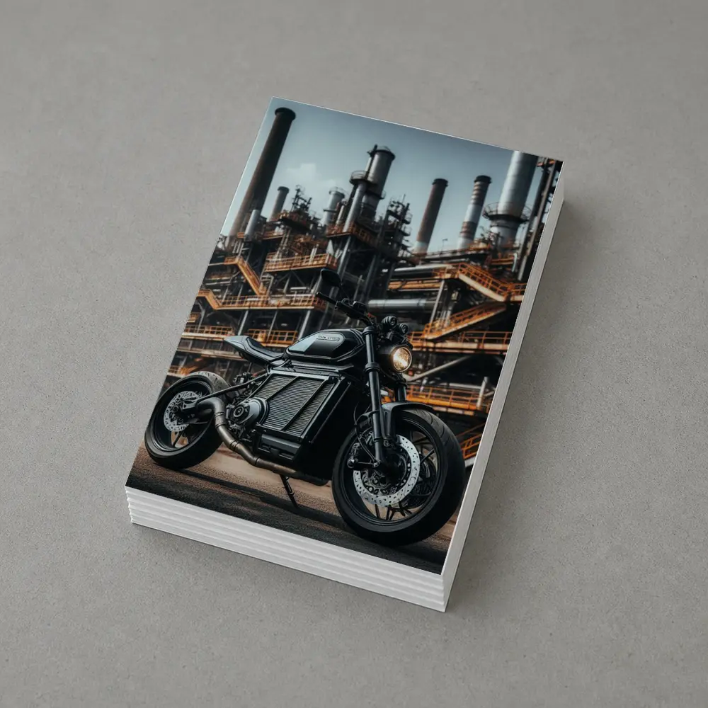 Black Electric Motorcycle Industrial Factory Background – Postcards