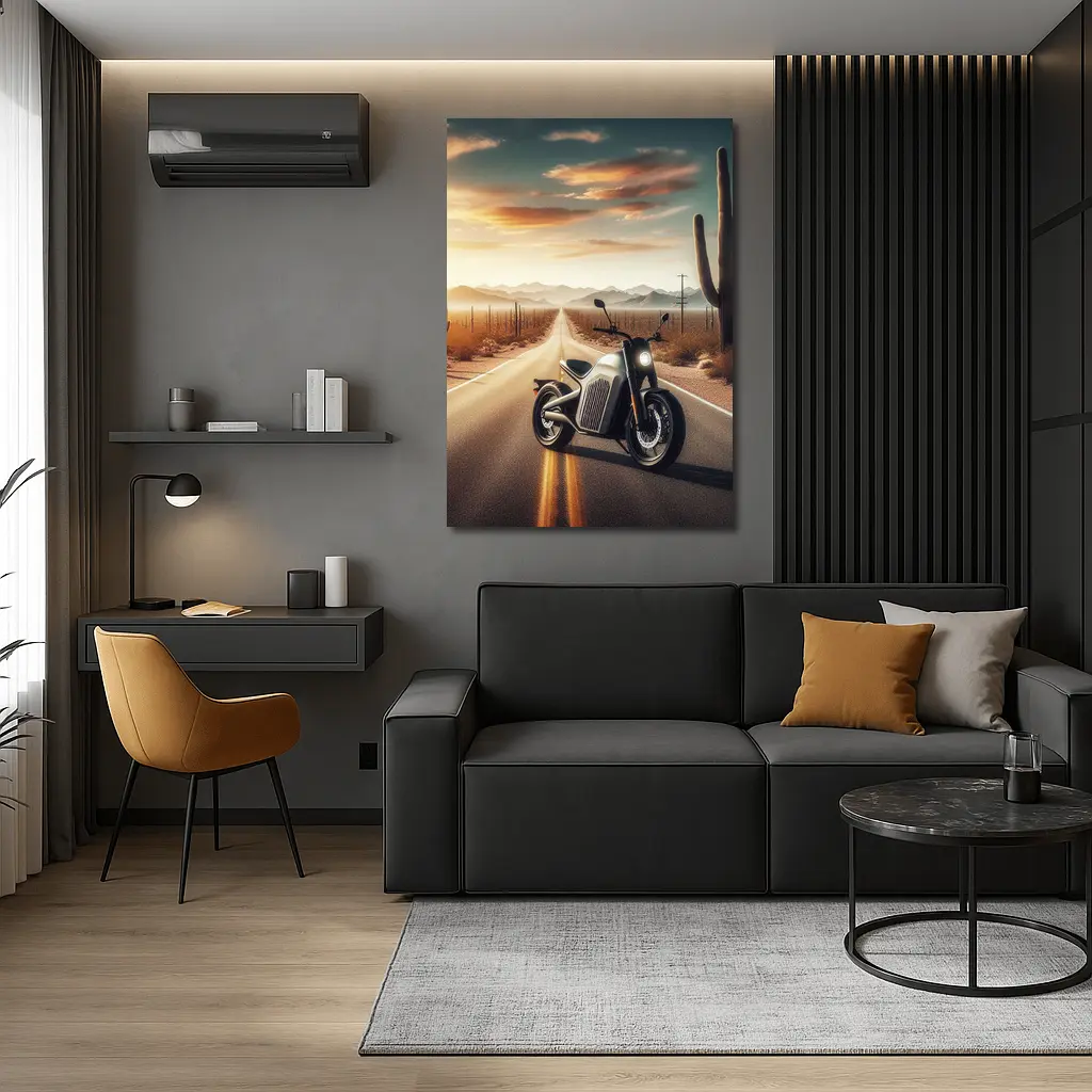 Electric Motorcycle Desert Road Sunset Scene – Wall Art