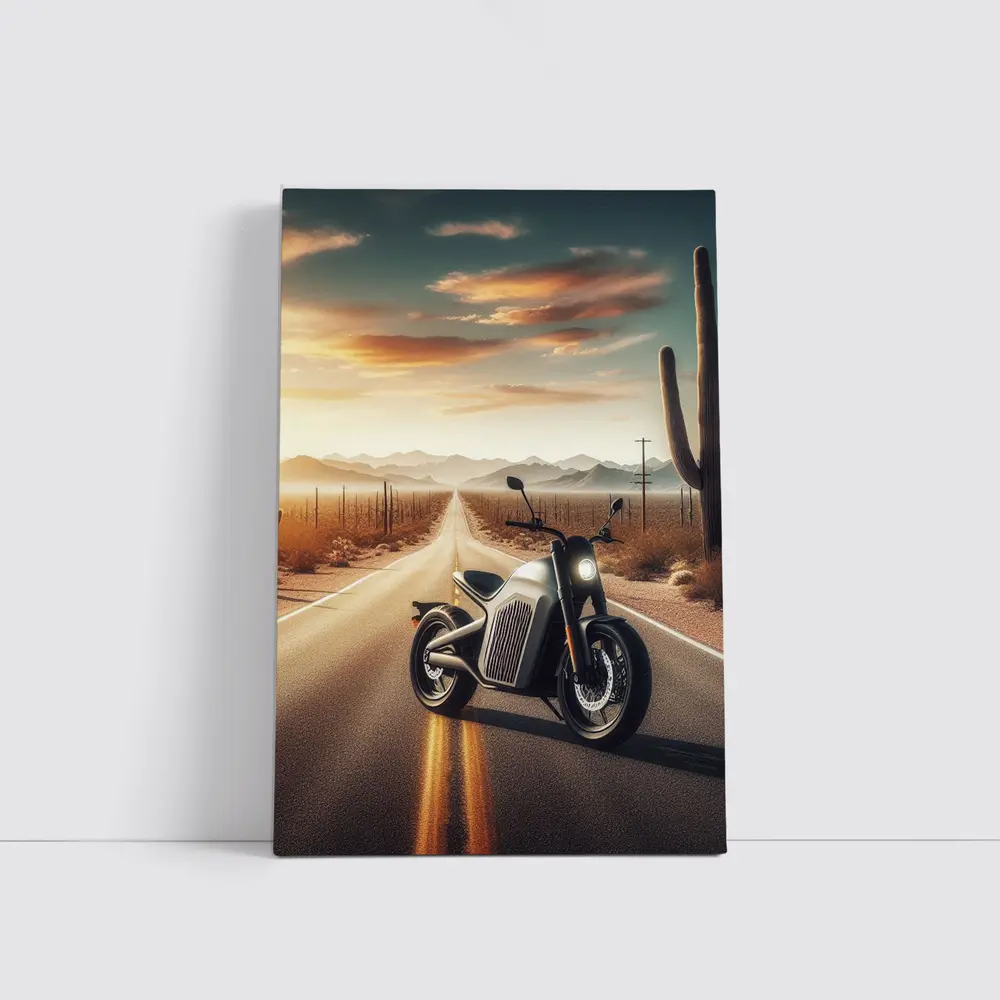 Electric Motorcycle Desert Road Sunset Scene – Wall Art