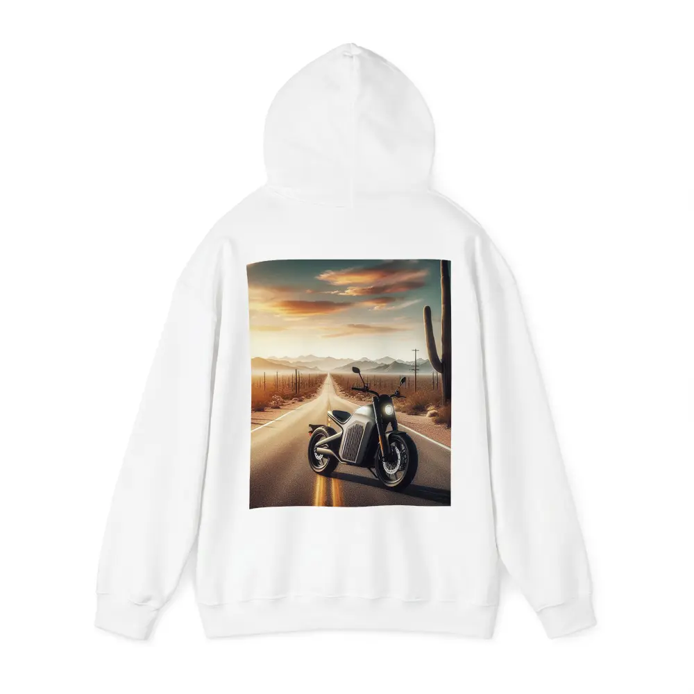 Electric Motorcycle Desert Road Sunset Scene – Hoodies