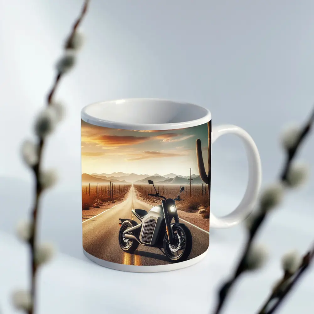 Electric Motorcycle Desert Road Sunset Scene – Mugs