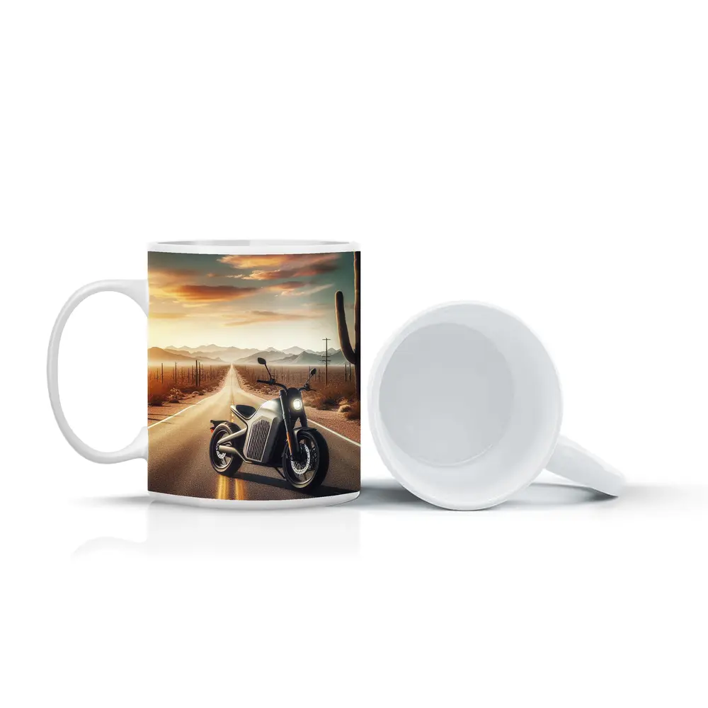 Electric Motorcycle Desert Road Sunset Scene – Mugs