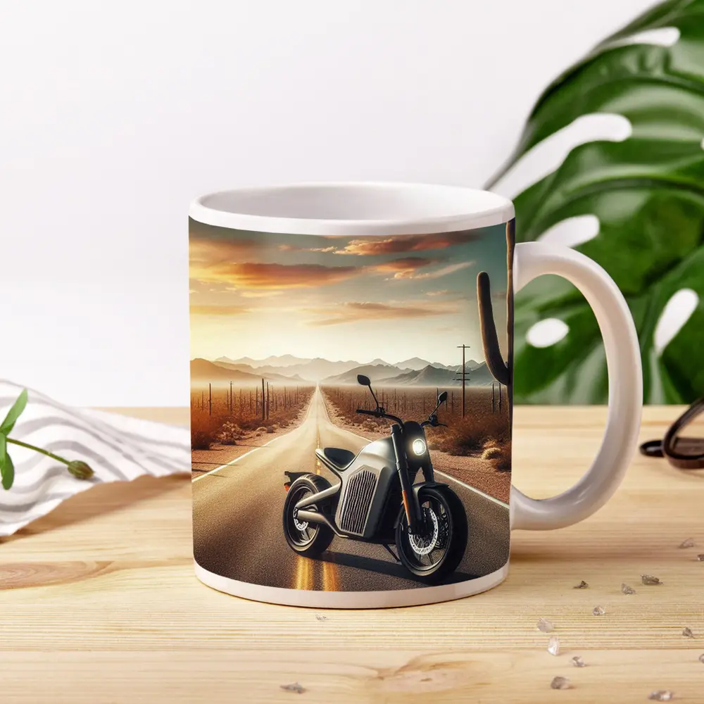 Electric Motorcycle Desert Road Sunset Scene – Mugs