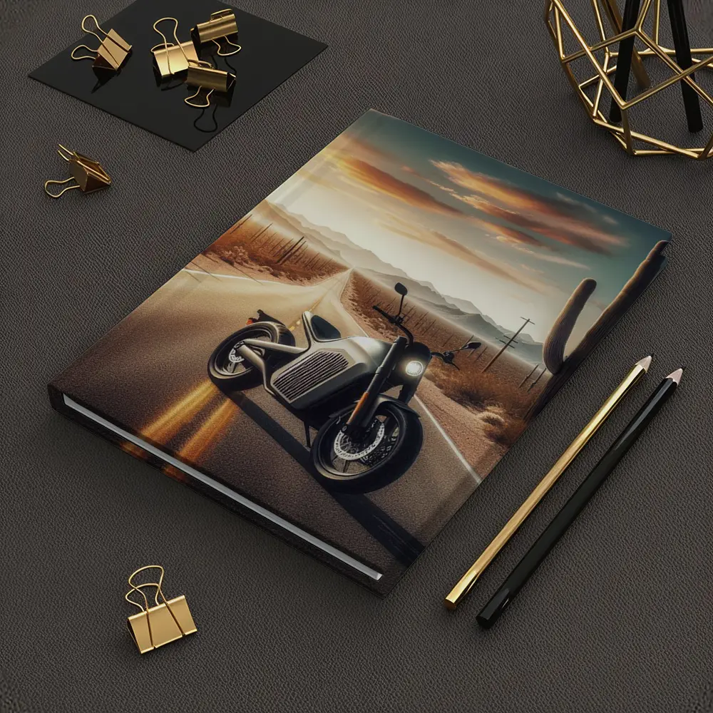 Electric Motorcycle Desert Road Sunset Scene – Notebooks