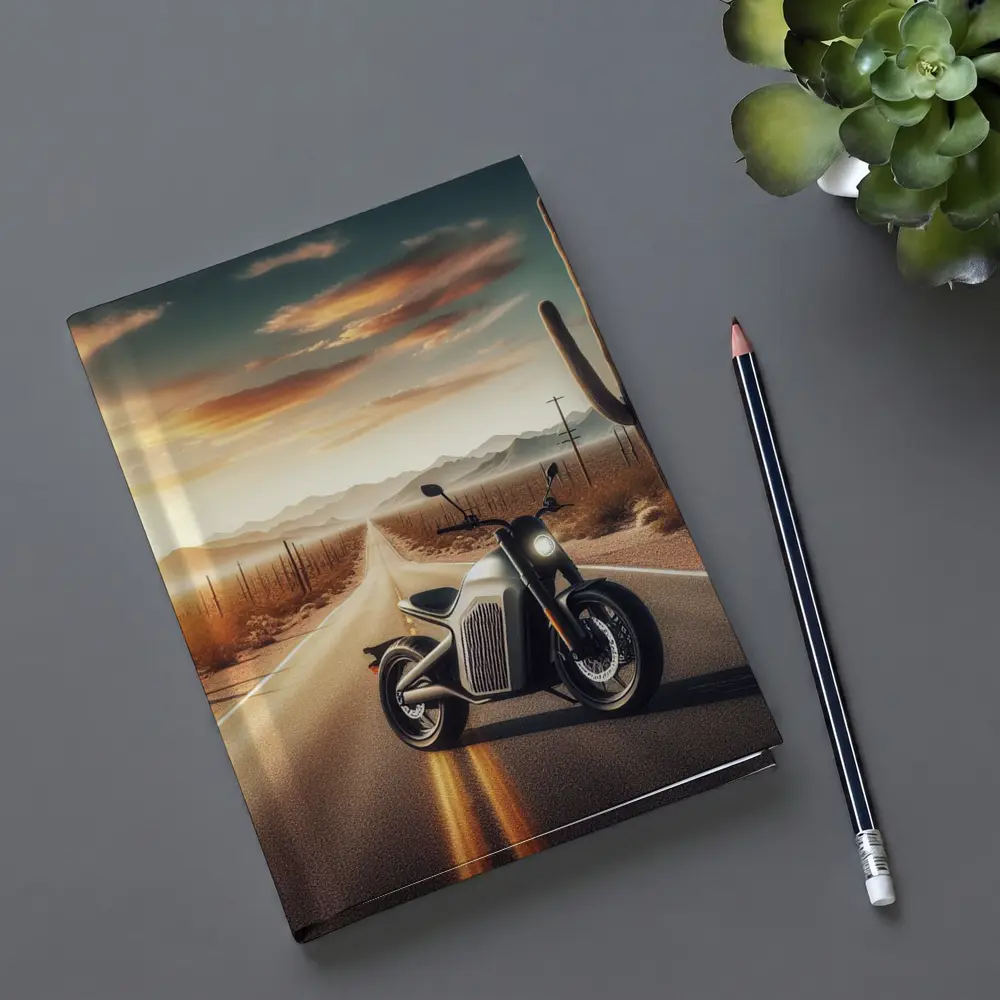 Electric Motorcycle Desert Road Sunset Scene – Notebooks