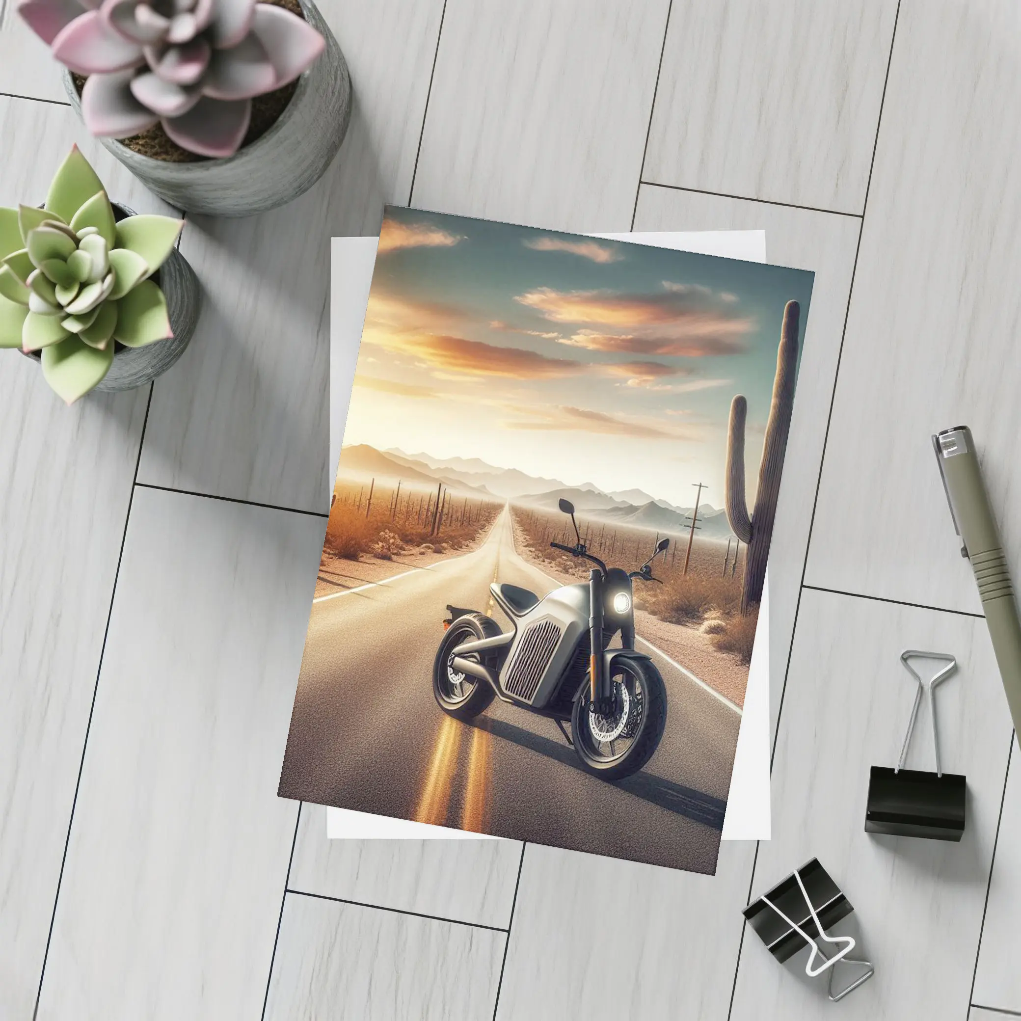 Electric Motorcycle Desert Road Sunset Scene – Postcards
