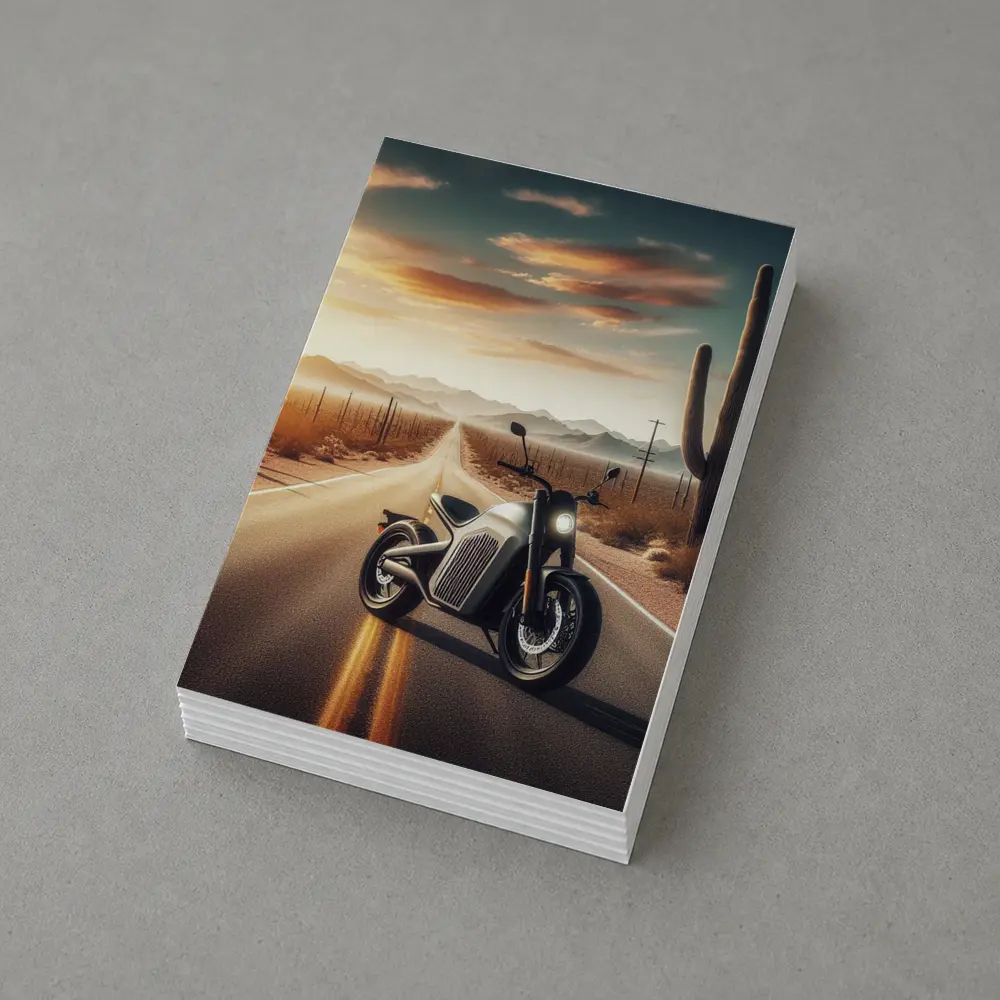 Electric Motorcycle Desert Road Sunset Scene – Postcards