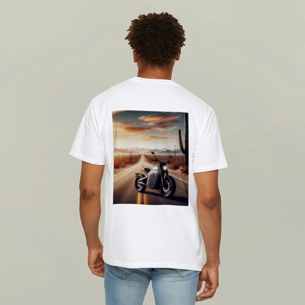 Electric Motorcycle Desert Road Sunset Scene – T-Shirts