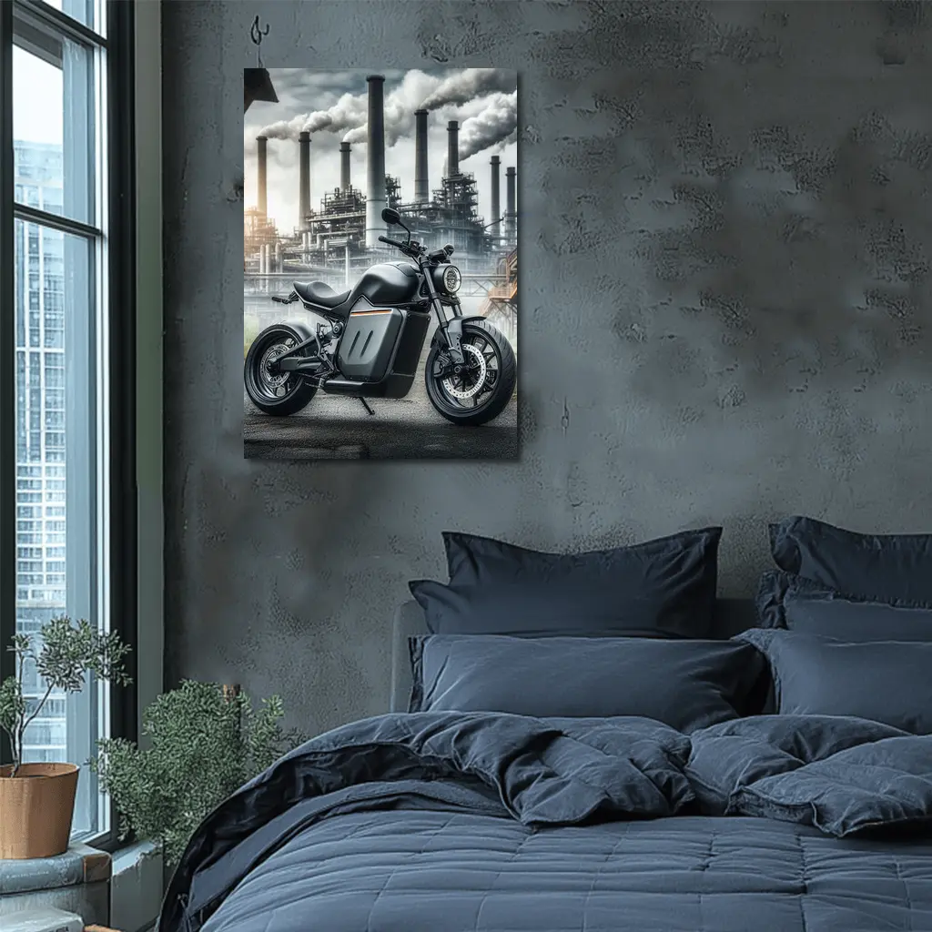 Black Electric Motorcycle Industrial Factory Background – Wall Art