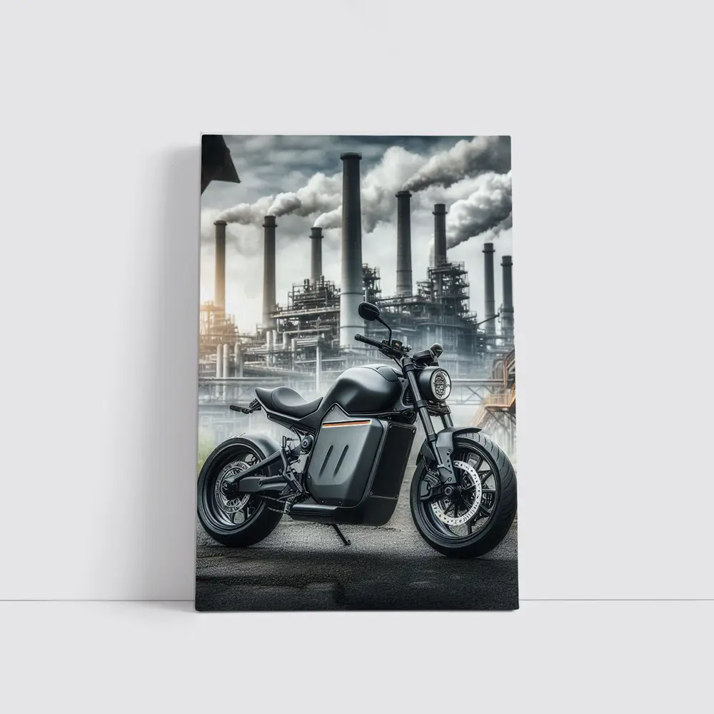 Black Electric Motorcycle Industrial Factory Background – Wall Art