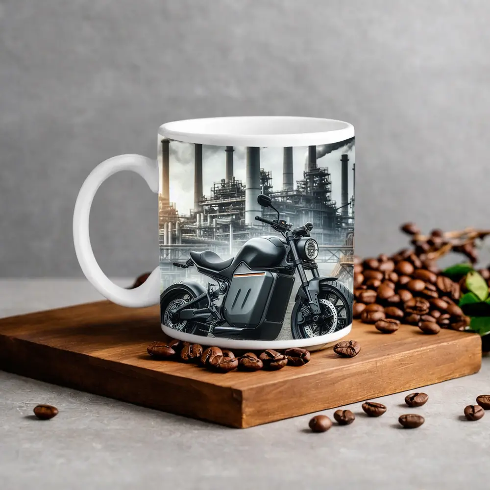 Black Electric Motorcycle Industrial Factory Background – Mugs