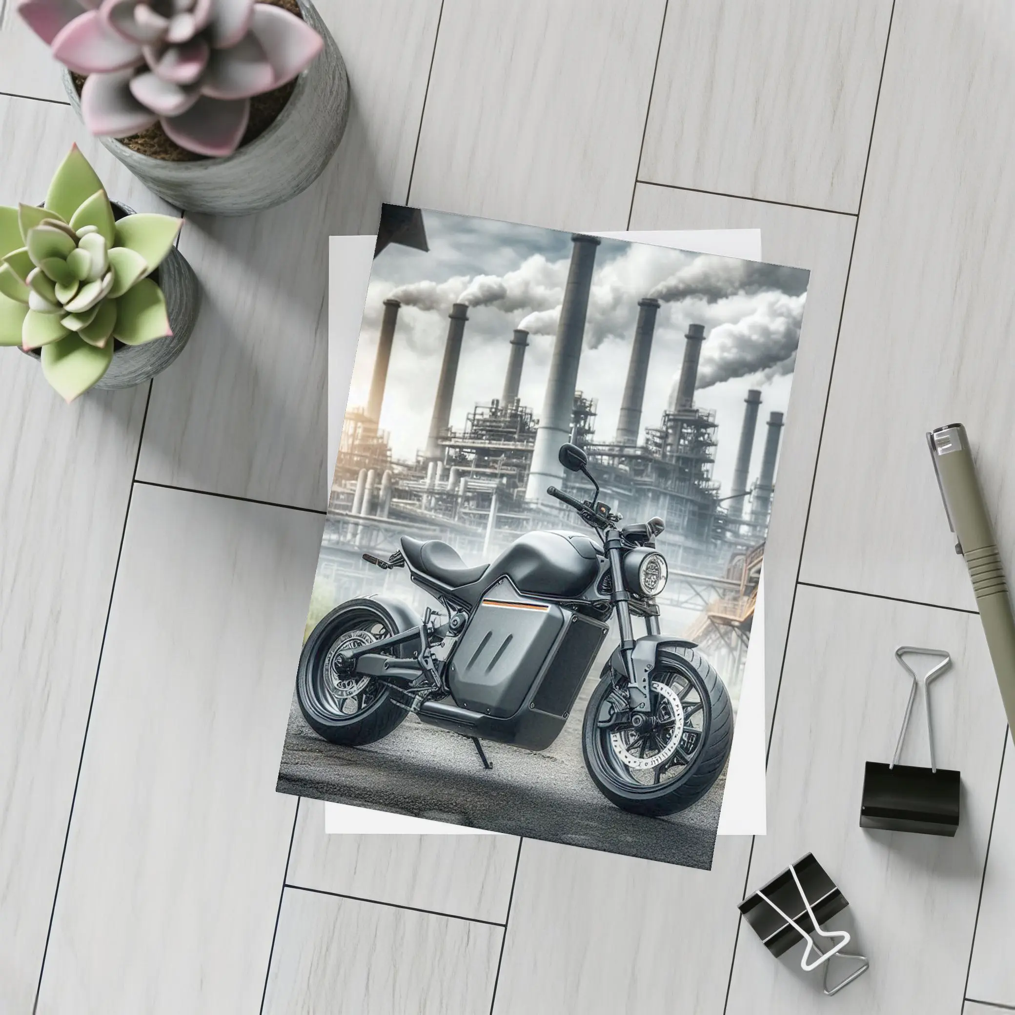 Black Electric Motorcycle Industrial Factory Background – Postcards