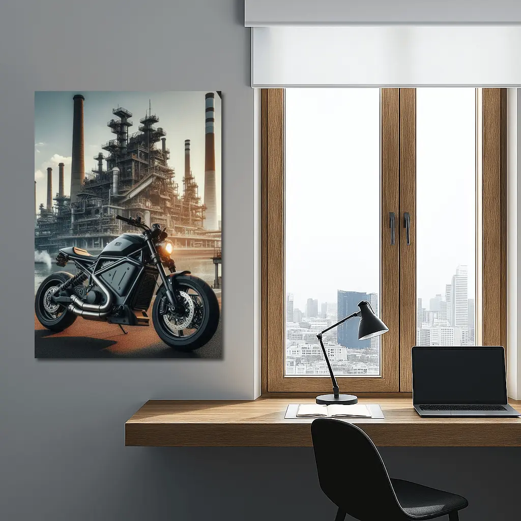 Dark Scrambler Motorcycle Industrial Refinery Background – Wall Art