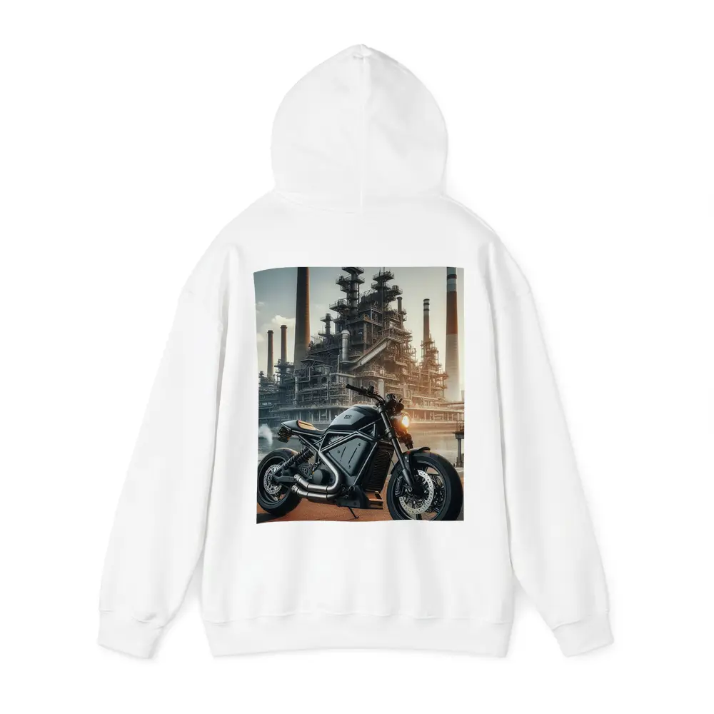 Dark Scrambler Motorcycle Industrial Refinery Background – Hoodies
