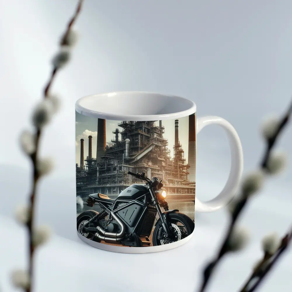 Dark Scrambler Motorcycle Industrial Refinery Background – Mugs