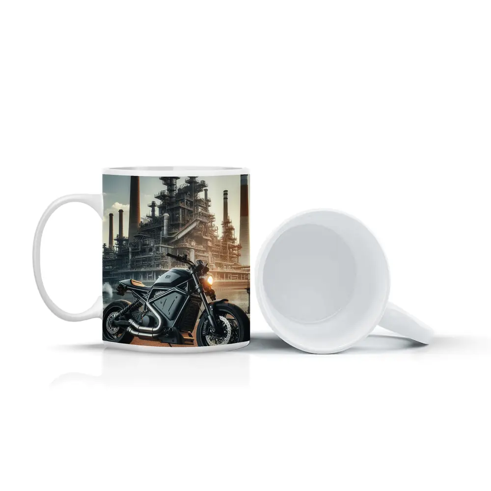 Dark Scrambler Motorcycle Industrial Refinery Background – Mugs