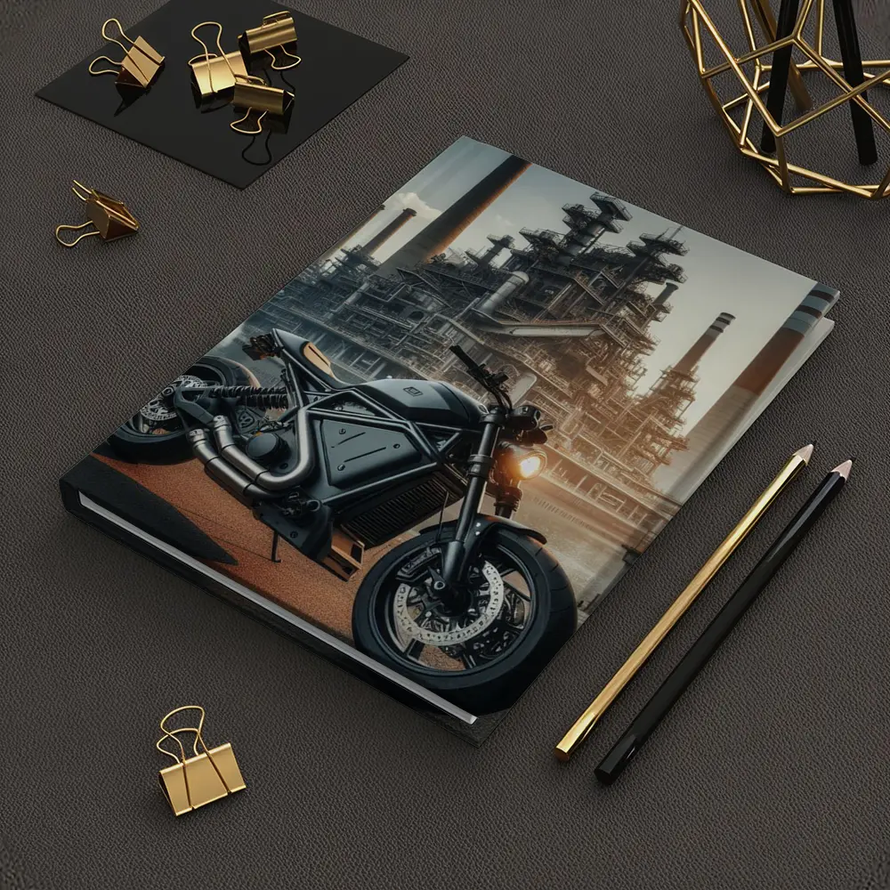 Dark Scrambler Motorcycle Industrial Refinery Background – Notebooks