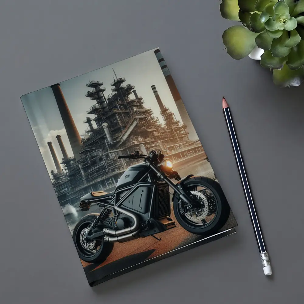 Dark Scrambler Motorcycle Industrial Refinery Background – Notebooks