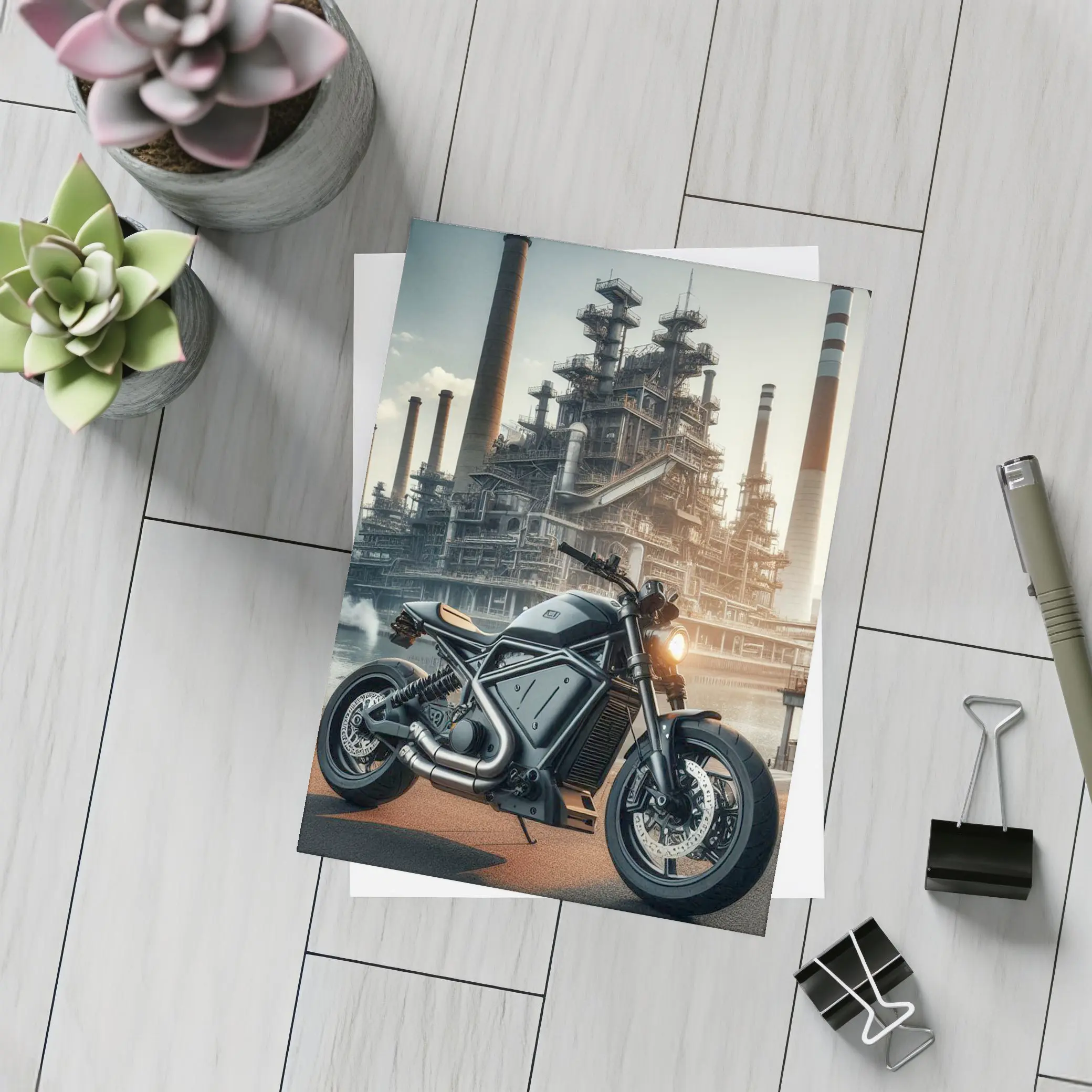 Dark Scrambler Motorcycle Industrial Refinery Background – Postcards